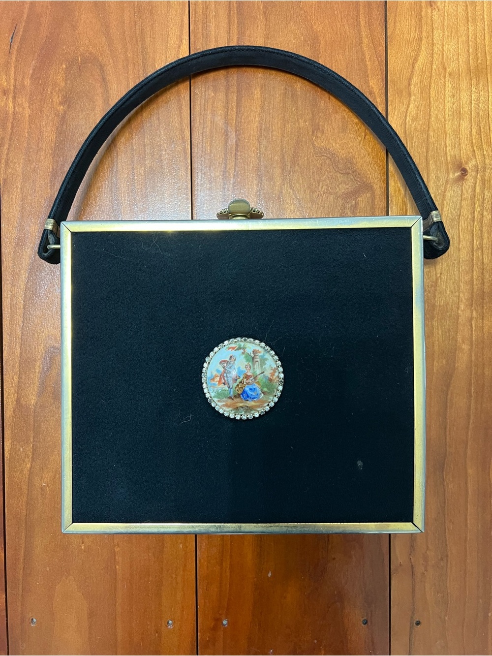 Vintage Tyrolean of NY Black Velvet Box Handbag with Embellished Medallion